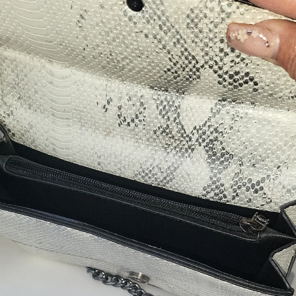 Snake Print Silver & White Chain Strap   Bag